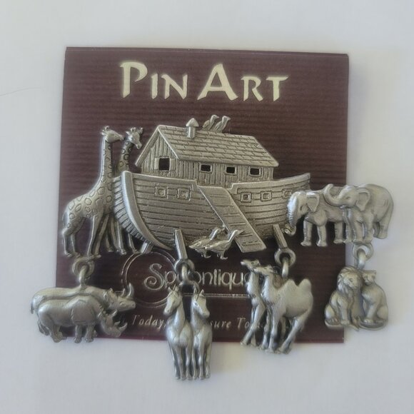 JJ Jonette Pewter Noah's Ark Brooch Lapel Pin Ark with Hanging Animals N… - Picture 1 of 11
